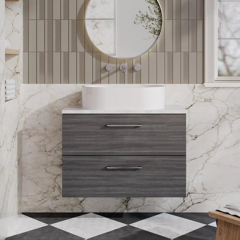 Lana 800mm Wall Hung 2 Drawer Vanity Unit & Bellato Grey Laminate Worktop - Anthracite Woodgrain