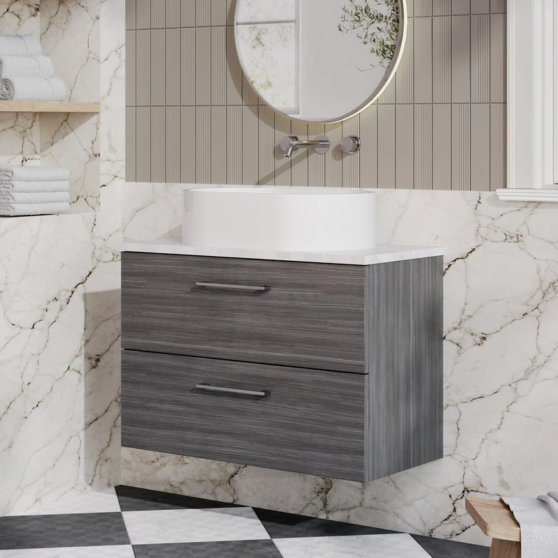 Lana 800mm Wall Hung 2 Drawer Vanity Unit & Bellato Grey Laminate Worktop - Anthracite Woodgrain