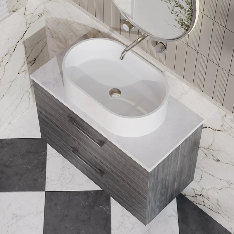 Lana 800mm Wall Hung 2 Drawer Vanity Unit & Bellato Grey Laminate Worktop - Anthracite Woodgrain