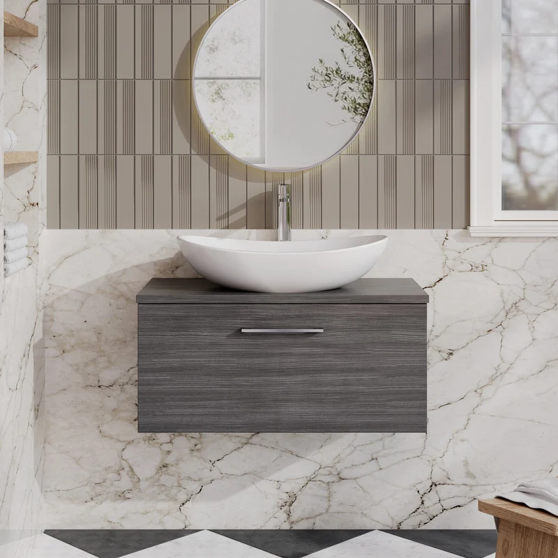 Lana 800mm Wall Hung 1 Drawer Vanity Unit & Worktop - Anthracite Woodgrain