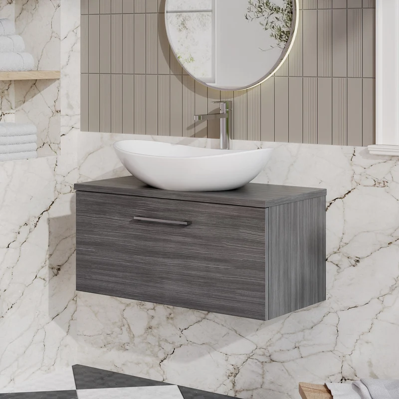 Lana 800mm Wall Hung 1 Drawer Vanity Unit & Worktop - Anthracite Woodgrain
