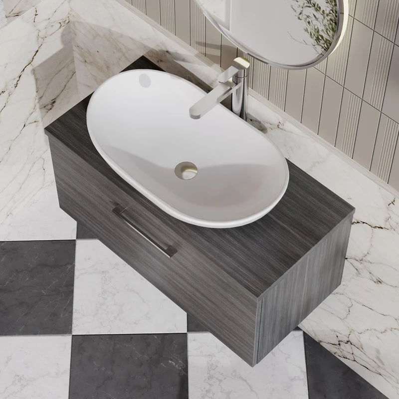 Lana 800mm Wall Hung 1 Drawer Vanity Unit & Worktop - Anthracite Woodgrain