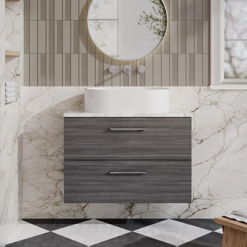 Lana 800mm Wall Hung 2 Drawer Vanity Unit & Carrera Marble Laminate Worktop - Anthracite Woodgrain