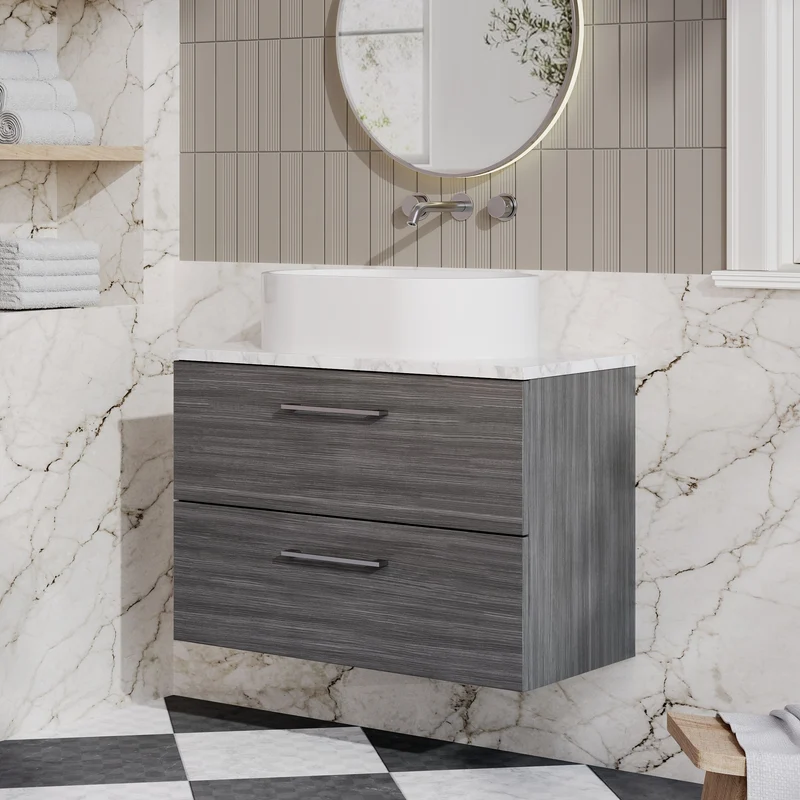 Lana 800mm Wall Hung 2 Drawer Vanity Unit & Carrera Marble Laminate Worktop - Anthracite Woodgrain