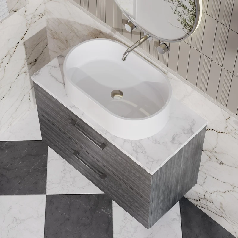Lana 800mm Wall Hung 2 Drawer Vanity Unit & Carrera Marble Laminate Worktop - Anthracite Woodgrain
