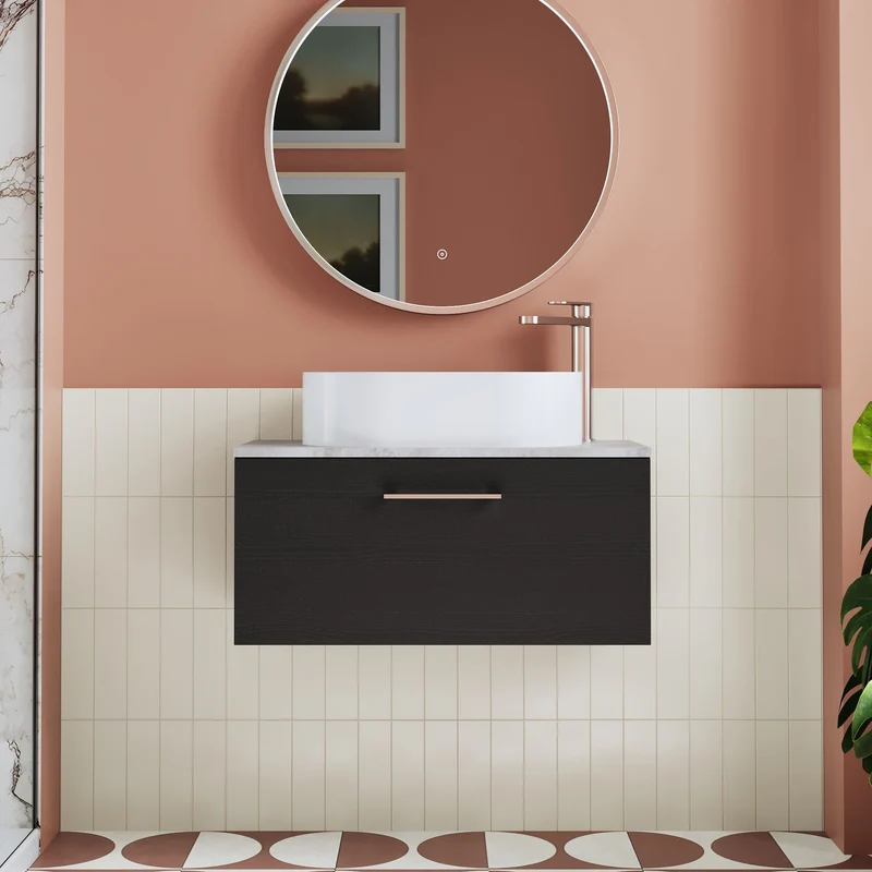 Lana 800mm Wall Hung Single Drawer Vanity Unit & Bellato Grey Laminate Worktop - Charcoal Black Woodgrain