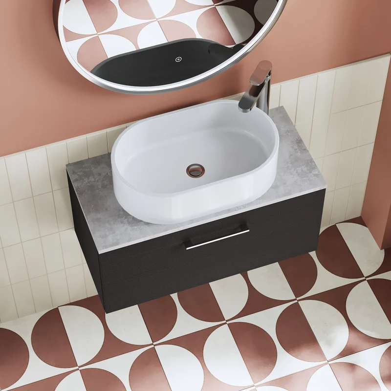 Lana 800mm Wall Hung Single Drawer Vanity Unit & Bellato Grey Laminate Worktop - Charcoal Black Woodgrain