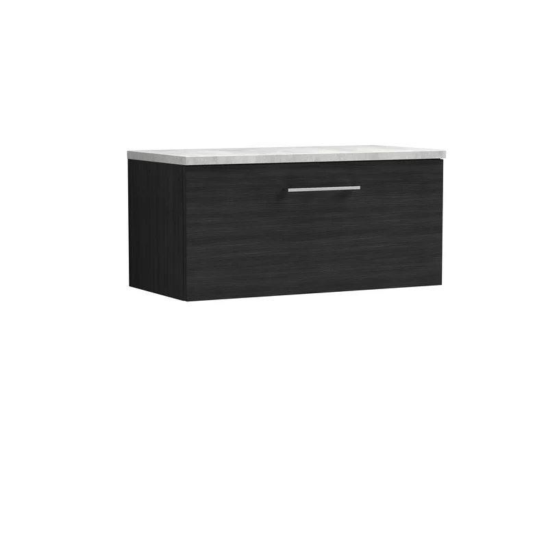 Lana 800mm Wall Hung Single Drawer Vanity Unit & Bellato Grey Laminate Worktop - Charcoal Black Woodgrain