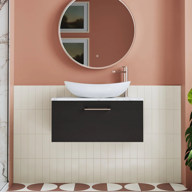 Lana 800mm Wall Hung 1 Drawer Vanity Unit & Carrera Marble Laminate Worktop - Charcoal Black Woodgrain