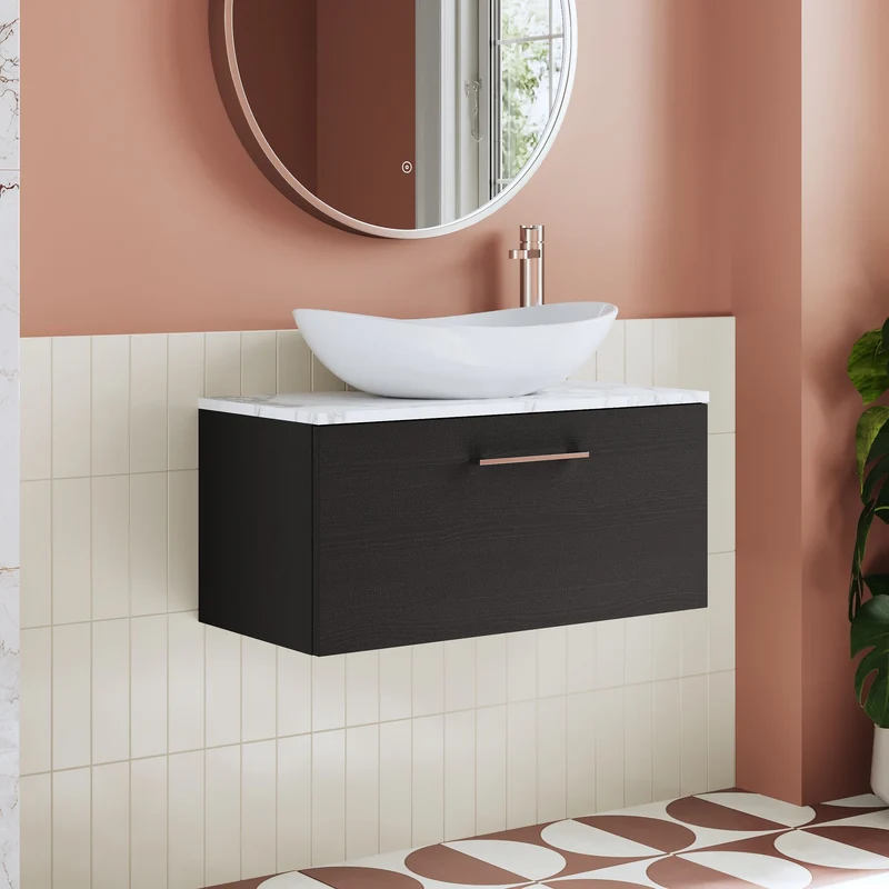 Lana 800mm Wall Hung 1 Drawer Vanity Unit & Carrera Marble Laminate Worktop - Charcoal Black Woodgrain