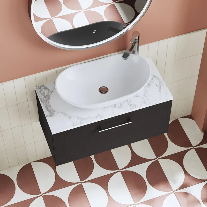 Lana 800mm Wall Hung 1 Drawer Vanity Unit & Carrera Marble Laminate Worktop - Charcoal Black Woodgrain