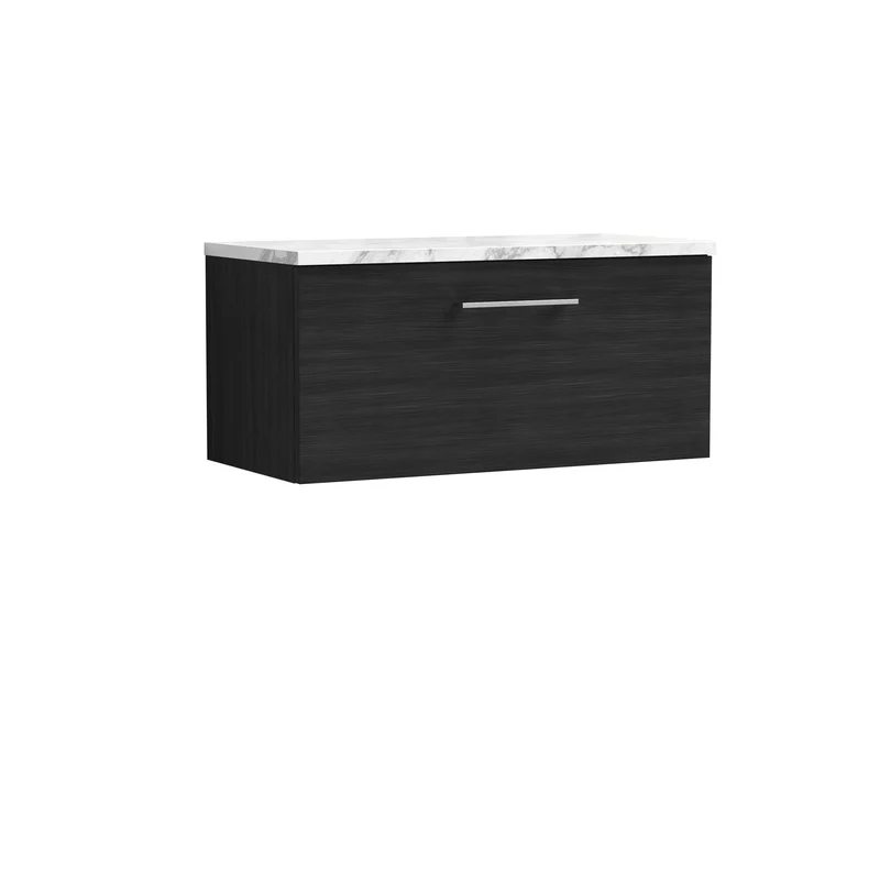 Lana 800mm Wall Hung 1 Drawer Vanity Unit & Carrera Marble Laminate Worktop - Charcoal Black Woodgrain