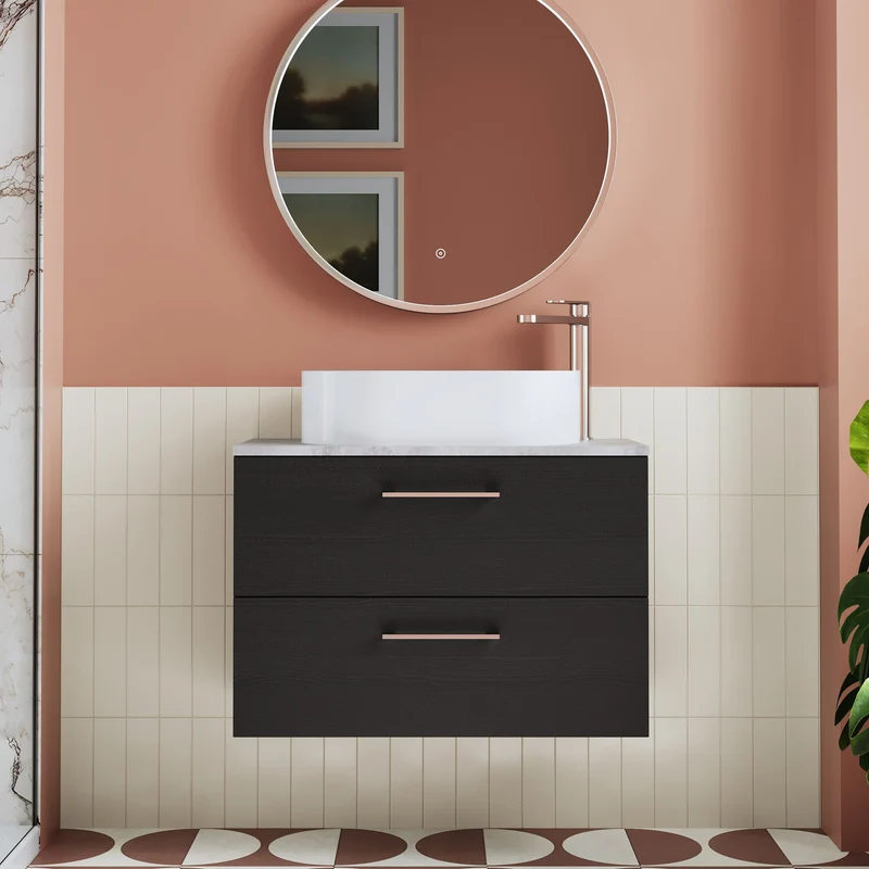 Lana 800mm Wall Hung 2 Drawer Vanity Unit & Bellato Grey Laminate Worktop - Charcoal Black Woodgrain