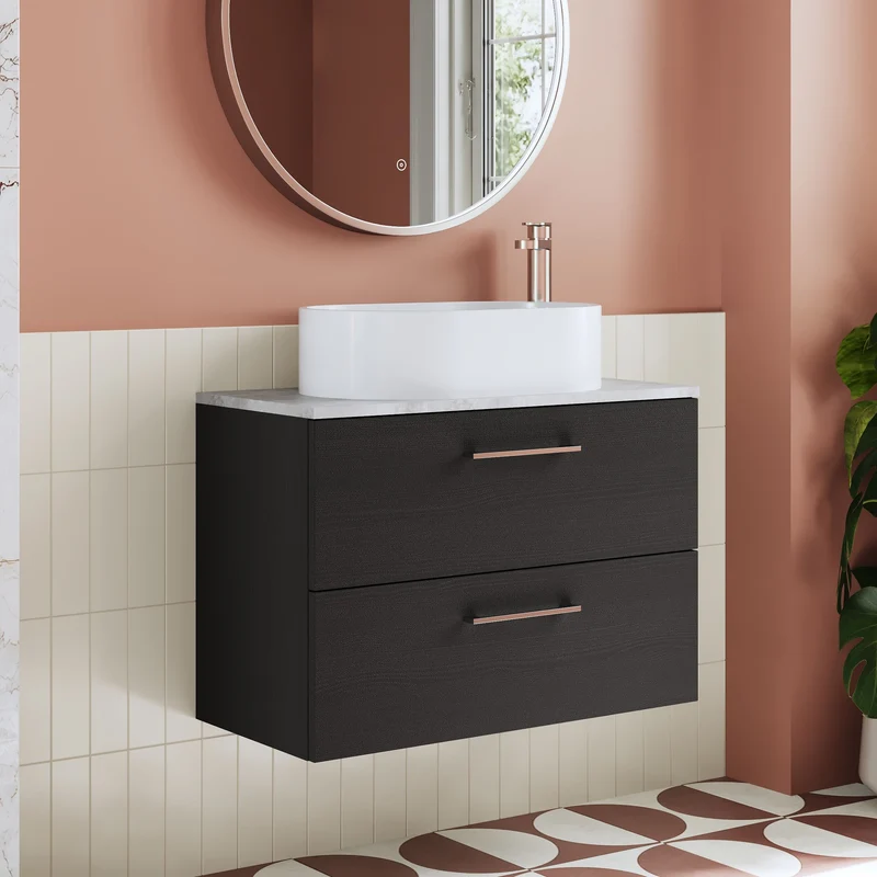 Lana 800mm Wall Hung 2 Drawer Vanity Unit & Bellato Grey Laminate Worktop - Charcoal Black Woodgrain