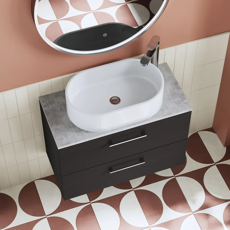 Lana 800mm Wall Hung 2 Drawer Vanity Unit & Bellato Grey Laminate Worktop - Charcoal Black Woodgrain
