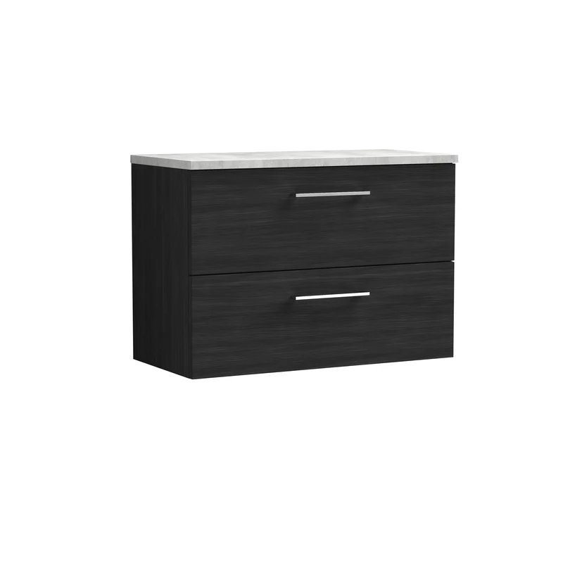 Lana 800mm Wall Hung 2 Drawer Vanity Unit & Bellato Grey Laminate Worktop - Charcoal Black Woodgrain