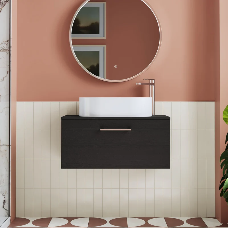 Lana 800mm Wall Hung 1 Drawer Vanity Unit & Worktop - Charcoal Black Woodgrain
