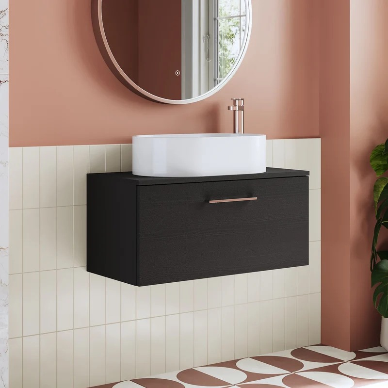 Lana 800mm Wall Hung 1 Drawer Vanity Unit & Worktop - Charcoal Black Woodgrain