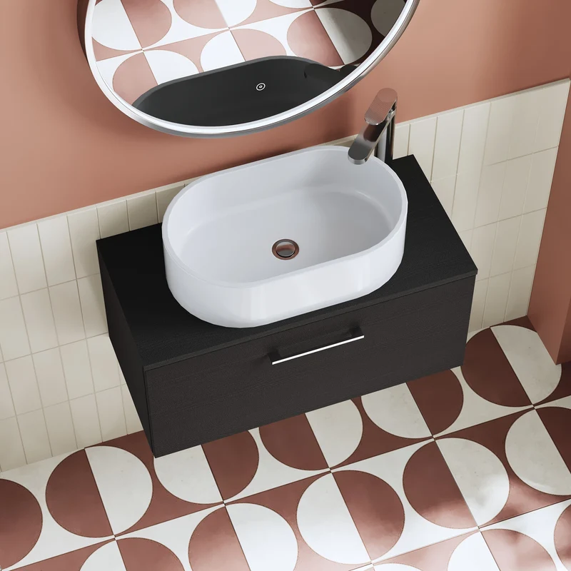 Lana 800mm Wall Hung 1 Drawer Vanity Unit & Worktop - Charcoal Black Woodgrain