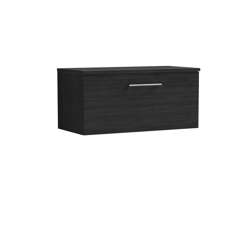 Lana 800mm Wall Hung 1 Drawer Vanity Unit & Worktop - Charcoal Black Woodgrain