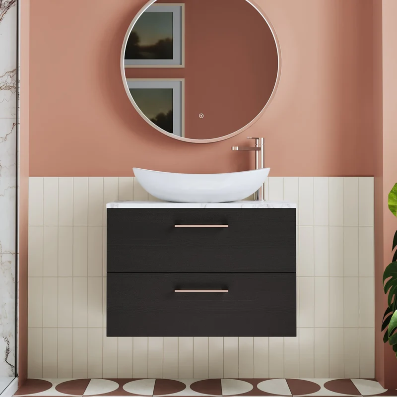 Lana 800mm Wall Hung 2 Drawer Vanity Unit & Carrera Marble Laminate Worktop - Charcoal Black Woodgrain
