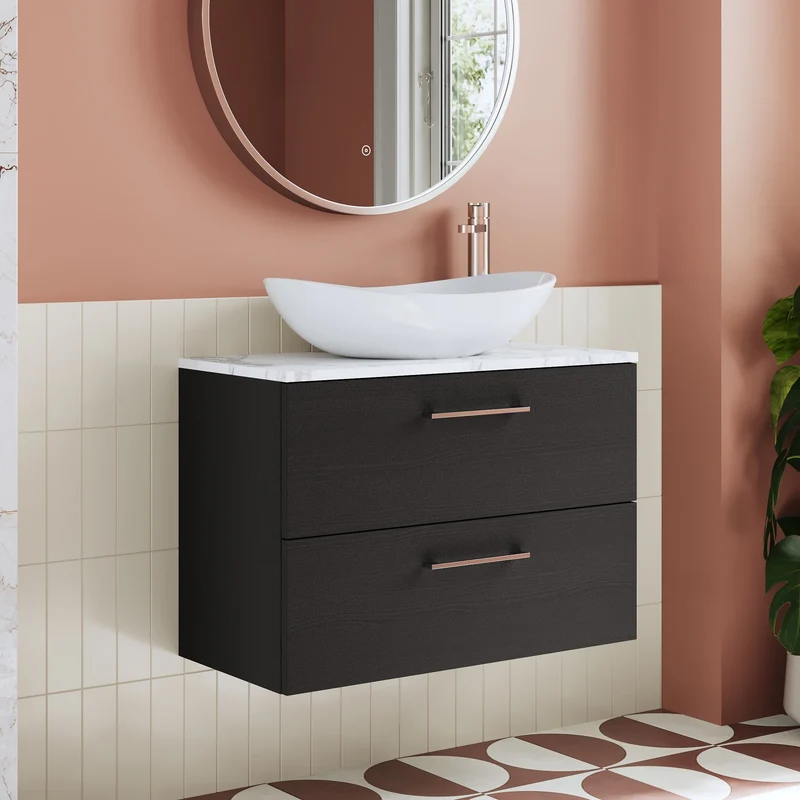 Lana 800mm Wall Hung 2 Drawer Vanity Unit & Carrera Marble Laminate Worktop - Charcoal Black Woodgrain