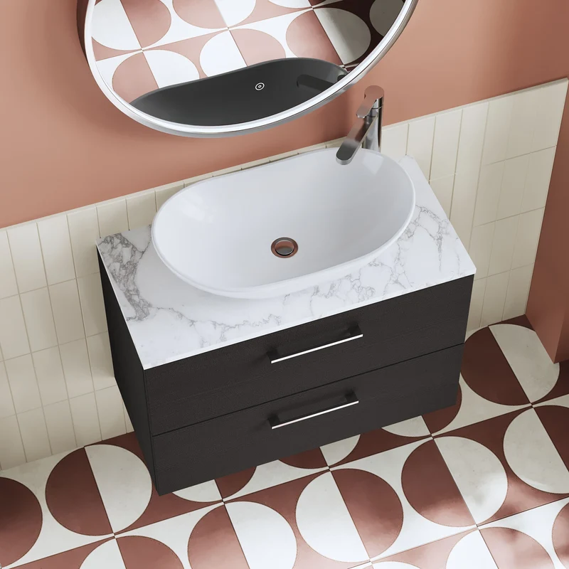 Lana 800mm Wall Hung 2 Drawer Vanity Unit & Carrera Marble Laminate Worktop - Charcoal Black Woodgrain