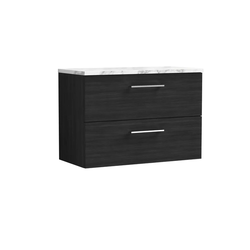 Lana 800mm Wall Hung 2 Drawer Vanity Unit & Carrera Marble Laminate Worktop - Charcoal Black Woodgrain