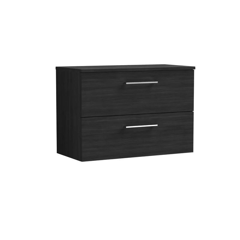 Lana 800mm Wall Hung 2 Drawer Vanity Unit & Worktop - Charcoal Black Woodgrain