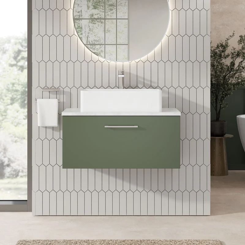 Lana 800mm Wall Hung Single Drawer Vanity Unit & Bellato Grey Laminate Worktop - Green Satin