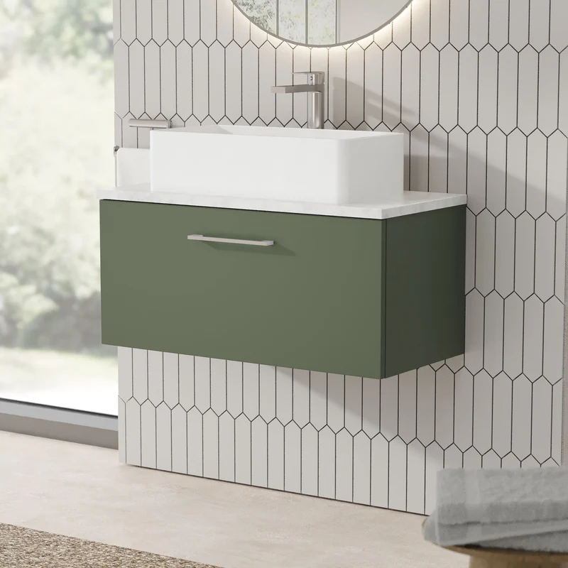 Lana 800mm Wall Hung Single Drawer Vanity Unit & Bellato Grey Laminate Worktop - Green Satin