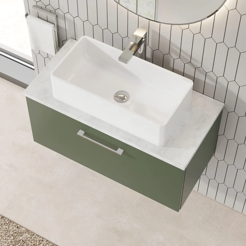 Lana 800mm Wall Hung Single Drawer Vanity Unit & Bellato Grey Laminate Worktop - Green Satin
