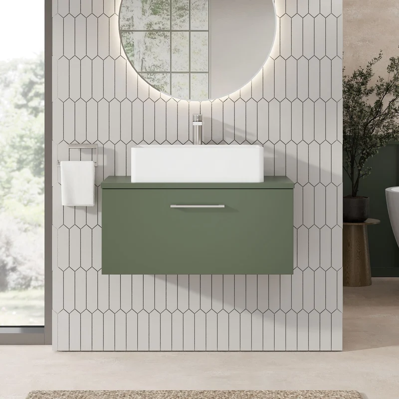 Lana 800mm Wall Hung 1 Drawer Vanity Unit & Worktop - Green Satin