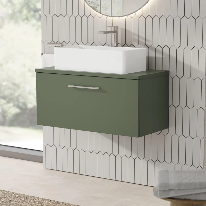 Lana 800mm Wall Hung 1 Drawer Vanity Unit & Worktop - Green Satin