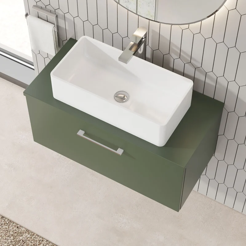 Lana 800mm Wall Hung 1 Drawer Vanity Unit & Worktop - Green Satin