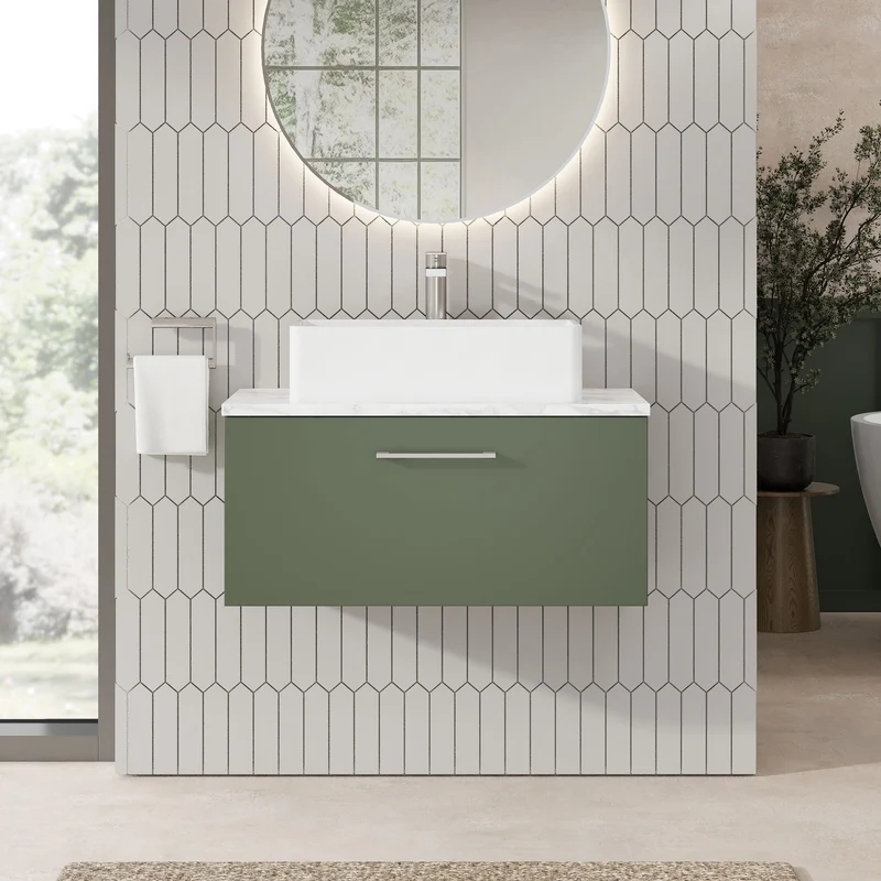 Lana 800mm Wall Hung 1 Drawer Vanity Unit & Carrera Marble Laminate Worktop - Green Satin