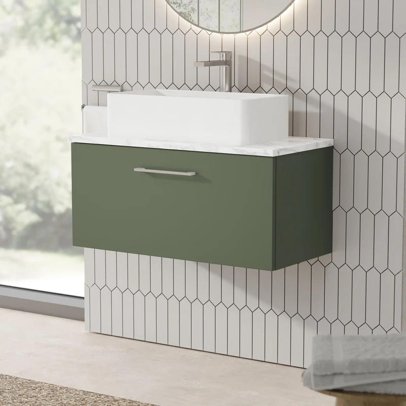 Lana 800mm Wall Hung 1 Drawer Vanity Unit & Carrera Marble Laminate Worktop - Green Satin