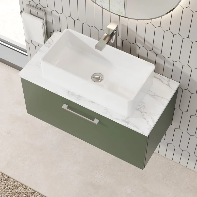 Lana 800mm Wall Hung 1 Drawer Vanity Unit & Carrera Marble Laminate Worktop - Green Satin