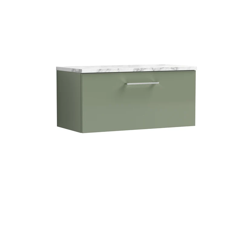 Lana 800mm Wall Hung 1 Drawer Vanity Unit & Carrera Marble Laminate Worktop - Green Satin
