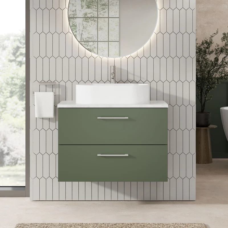 Lana 800mm Wall Hung 2 Drawer Vanity Unit & Bellato Grey Laminate Worktop - Green Satin