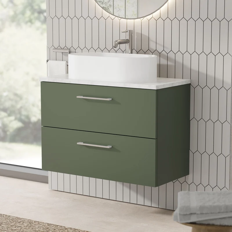 Lana 800mm Wall Hung 2 Drawer Vanity Unit & Bellato Grey Laminate Worktop - Green Satin
