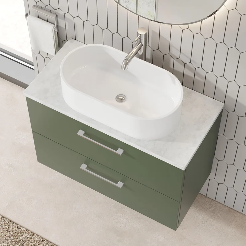 Lana 800mm Wall Hung 2 Drawer Vanity Unit & Bellato Grey Laminate Worktop - Green Satin