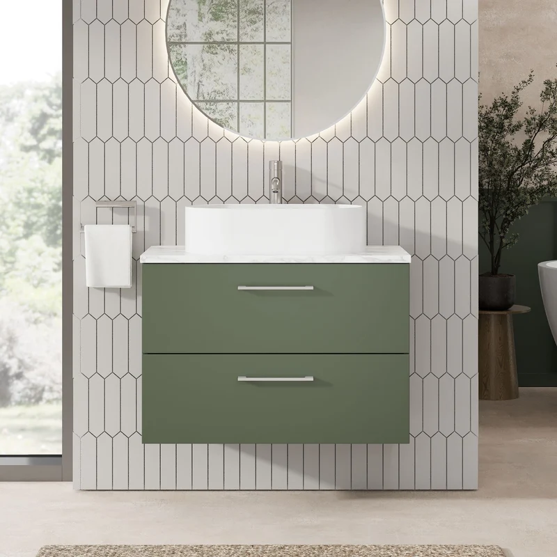 Lana 800mm Wall Hung 2 Drawer Vanity Unit & Carrera Marble Laminate Worktop - Green Satin
