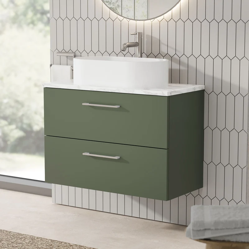 Lana 800mm Wall Hung 2 Drawer Vanity Unit & Carrera Marble Laminate Worktop - Green Satin