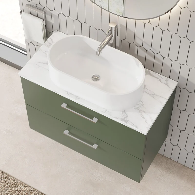 Lana 800mm Wall Hung 2 Drawer Vanity Unit & Carrera Marble Laminate Worktop - Green Satin