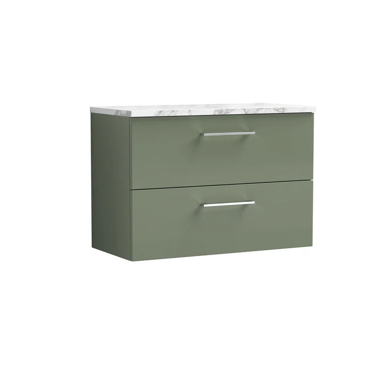 Lana 800mm Wall Hung 2 Drawer Vanity Unit & Carrera Marble Laminate Worktop - Green Satin
