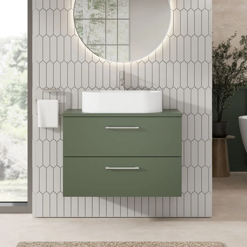 Lana 800mm Wall Hung 2 Drawer Vanity Unit & Worktop - Green Satin
