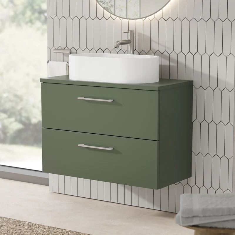 Lana 800mm Wall Hung 2 Drawer Vanity Unit & Worktop - Green Satin
