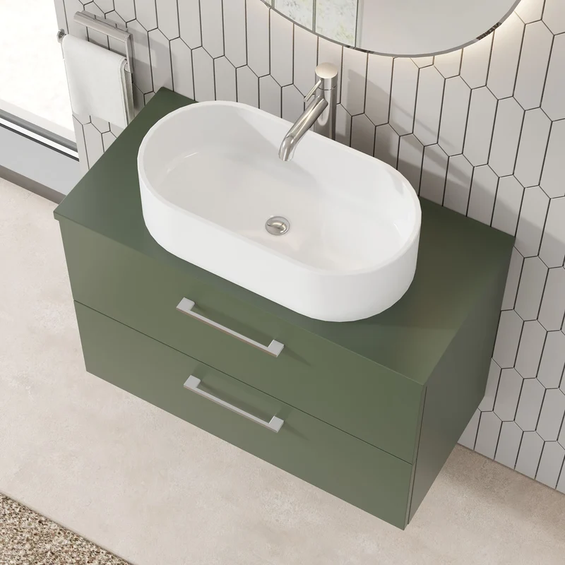 Lana 800mm Wall Hung 2 Drawer Vanity Unit & Worktop - Green Satin