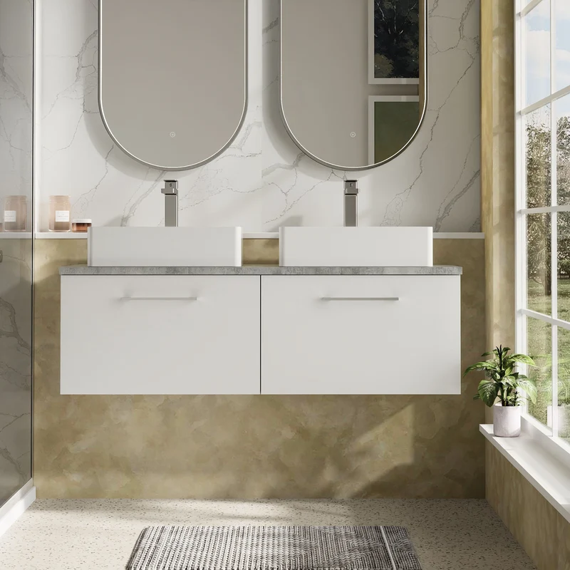 Lana 1200mm Wall Hung 2 Drawer Vanity Unit & Bellato Grey Laminate Worktop - White Gloss
